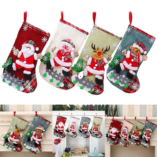 12-4PCS Christmas Stockings Set Large Capacity Surprised Gift Bag Set Santa Claus/Snowman/Bear/Elk for Xmas Tree Fireplace