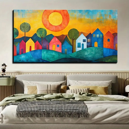 Abstract House Canvas Wall Art Print With Pine Frame