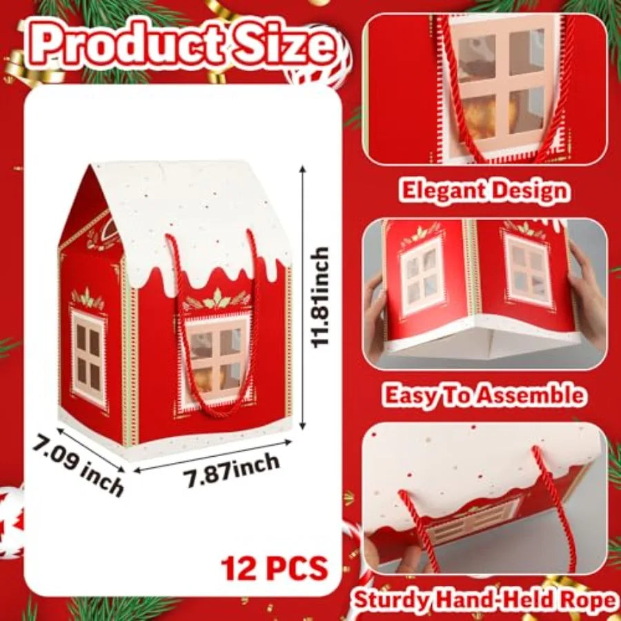 12 Pack Large House Shaped Christmas Gift Boxes with Handle 11.8 x 7.9 x 7 Inches Ideal for Holiday Candy Storage Real Estate A