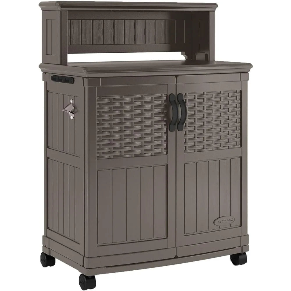 High-concerned Patio Storage And Prep Station With Decorative Wicker PanelSystems