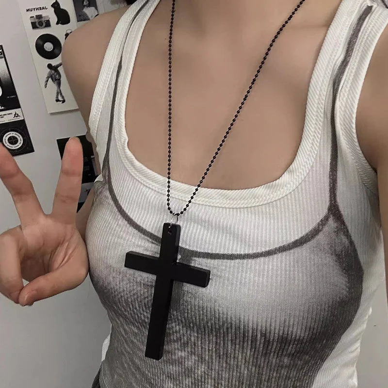 Gothic Y2K HandcraftedArtisanal Distressed Wood Cross Pendant Necklace For Unisex