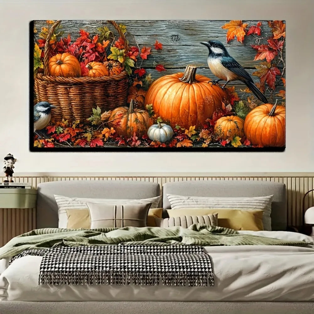 Fall pumpkin canvas painting, wall art, vibrant fall foliage and bird design with 1.5 inch thick pine solid wood frame