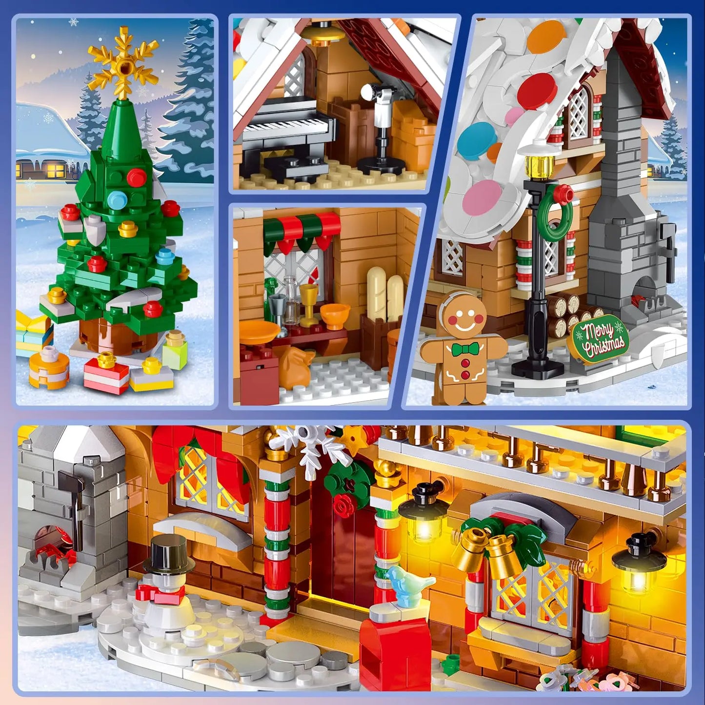 2025 Christmas Gingerbread House Building Toy with LED Light-3 Style Modes Block with Santa Xmas Tree Train for Adults Kids8+