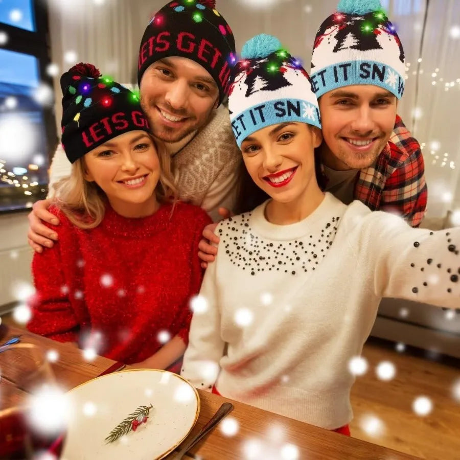 Light Up Christmas Hat Christmas Knitted Beanie Hat with Cute Cartoon Design and 6 Colorful LED Lights Ideal for Holiday Partie