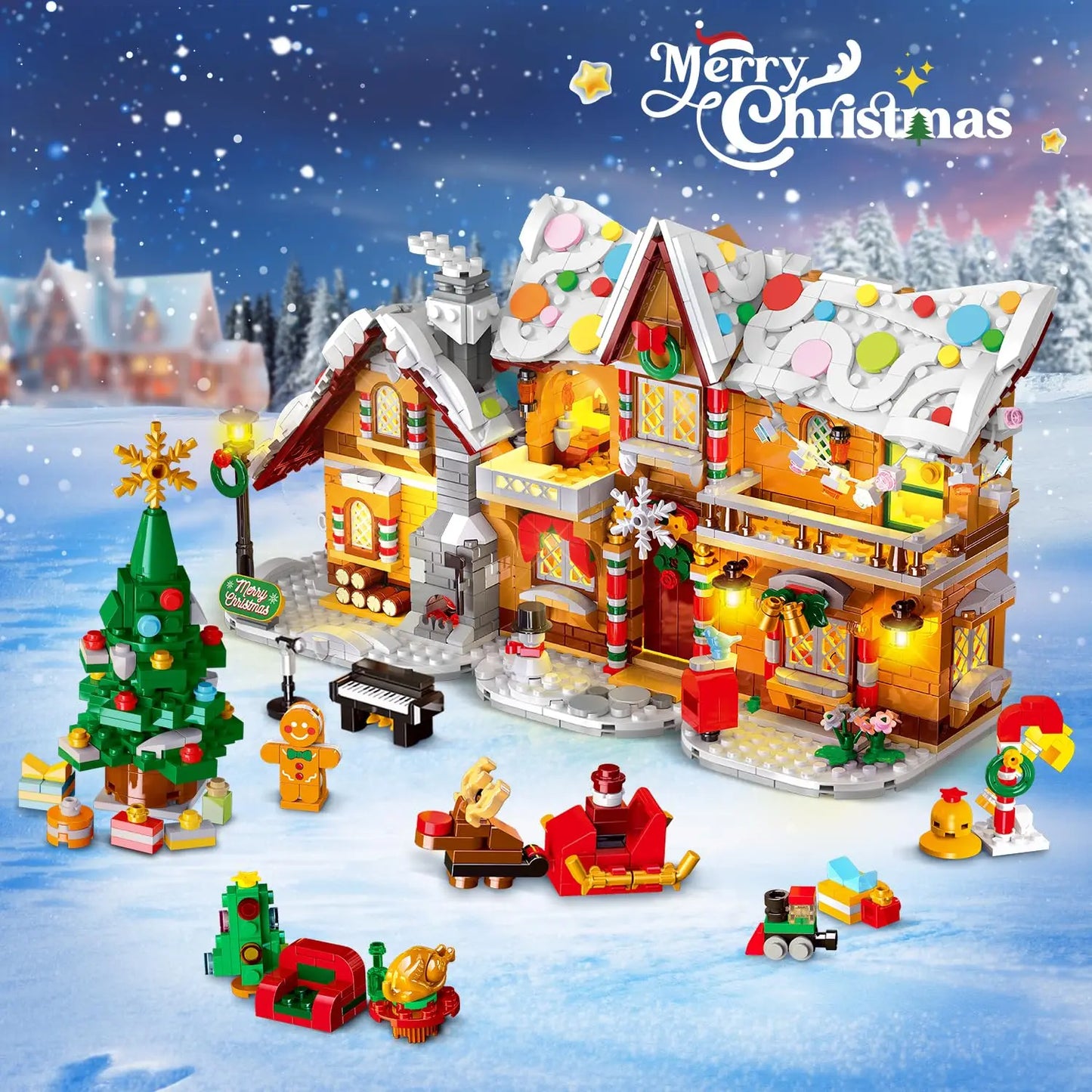2025 Christmas Gingerbread House Building Toy with LED Light-3 Style Modes Block with Santa Xmas Tree Train for Adults Kids8+