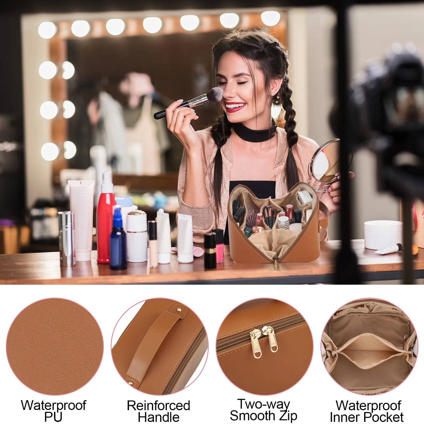 Travel Makeup Bag with Divider and Handle, Portable PU Leather Waterproof Toiletry Bag, Large Capacity Cosmetic Bags for Women