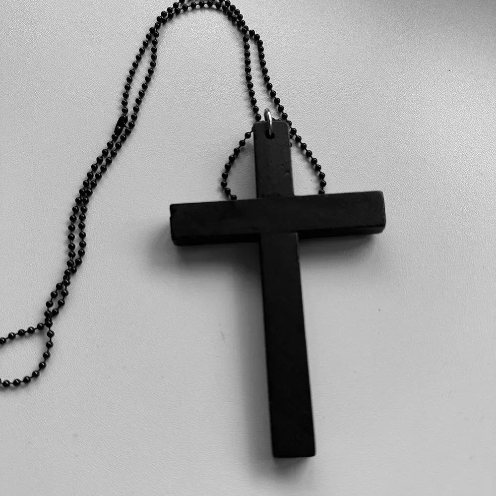 Gothic Y2K HandcraftedArtisanal Distressed Wood Cross Pendant Necklace For Unisex