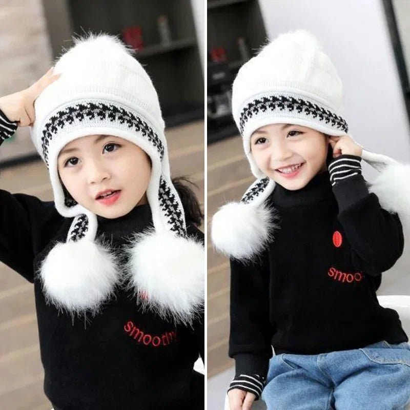 Plush Ball Children Ear Protection Hat Thicken Warm Kids Earmuffs Cap 3-12year Boy Girl Woolen Knitted Beanies Winter Skullcaps