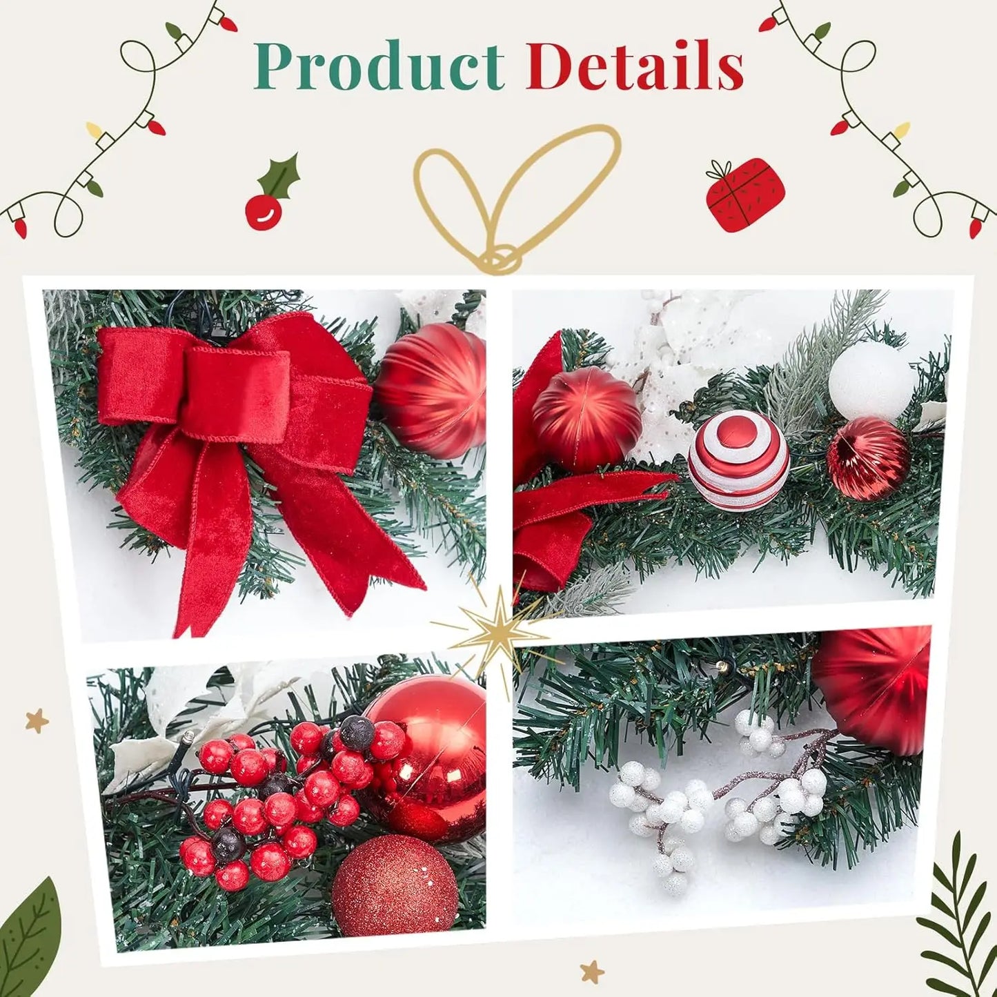 6 Ft Pre-Lit Christmas Garland For Mantle With 20 Led Lights & Red Bows 8 Lighting Modes  Versatile Decorating For Any Space