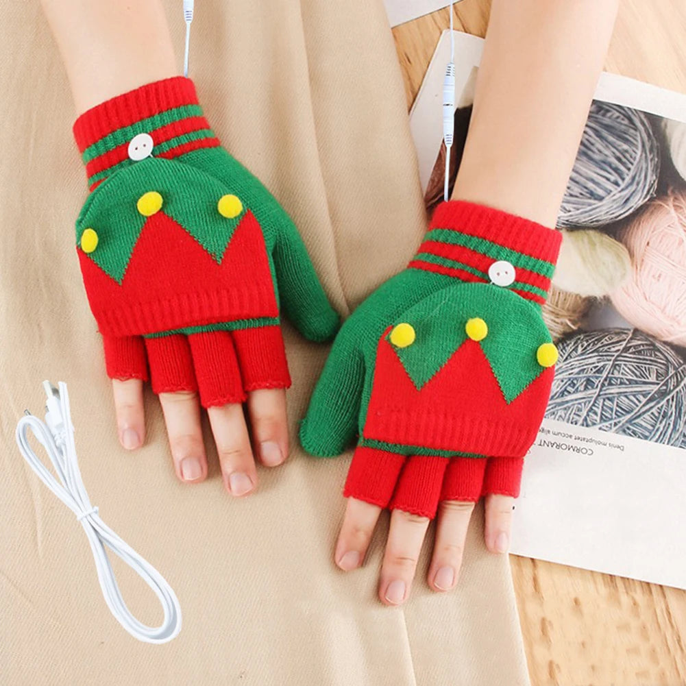 Children Winter Gloves Christmas Cute Cartoon Elk Flip Half-Finger Mittens For Girl Boy Kids Warm Cotton Lined Fingerless Gloves