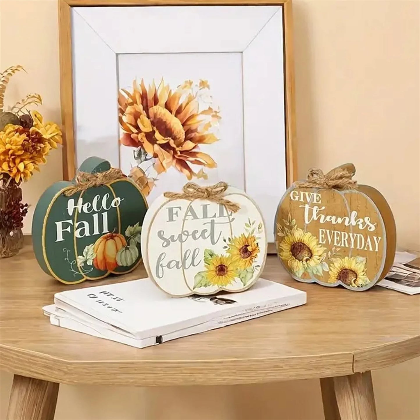 Set of 4 Harvest Season Wooden Signs Autumn Leaves Acorn Table Centerpiece Thanksgiving Home Decorations