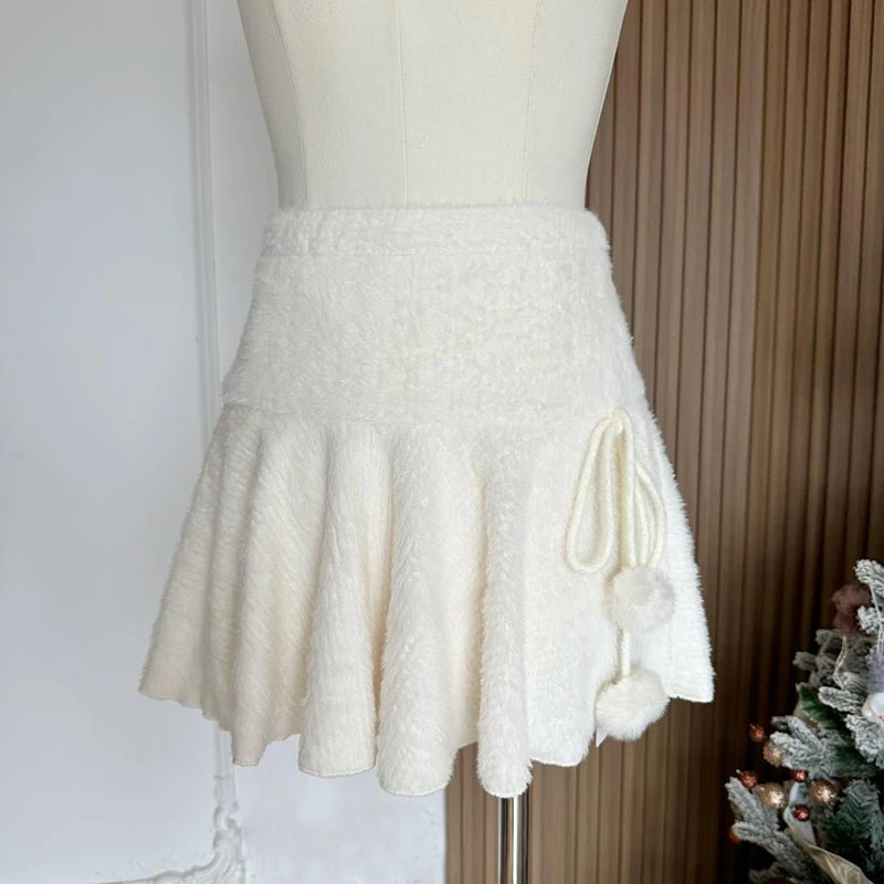 Kawaii White Mini Skirts Women Preppy Cute High Waist Skirt Winter Japanese Streetwear Lace Up Chic Slim A Line Faldas New