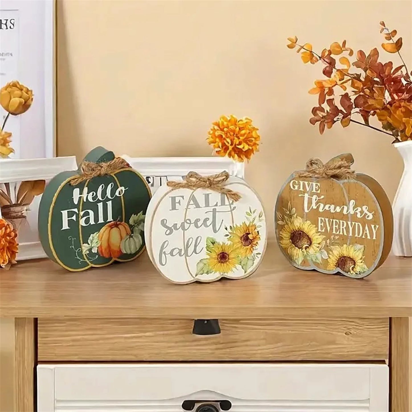 Set of 4 Harvest Season Wooden Signs Autumn Leaves Acorn Table Centerpiece Thanksgiving Home Decorations