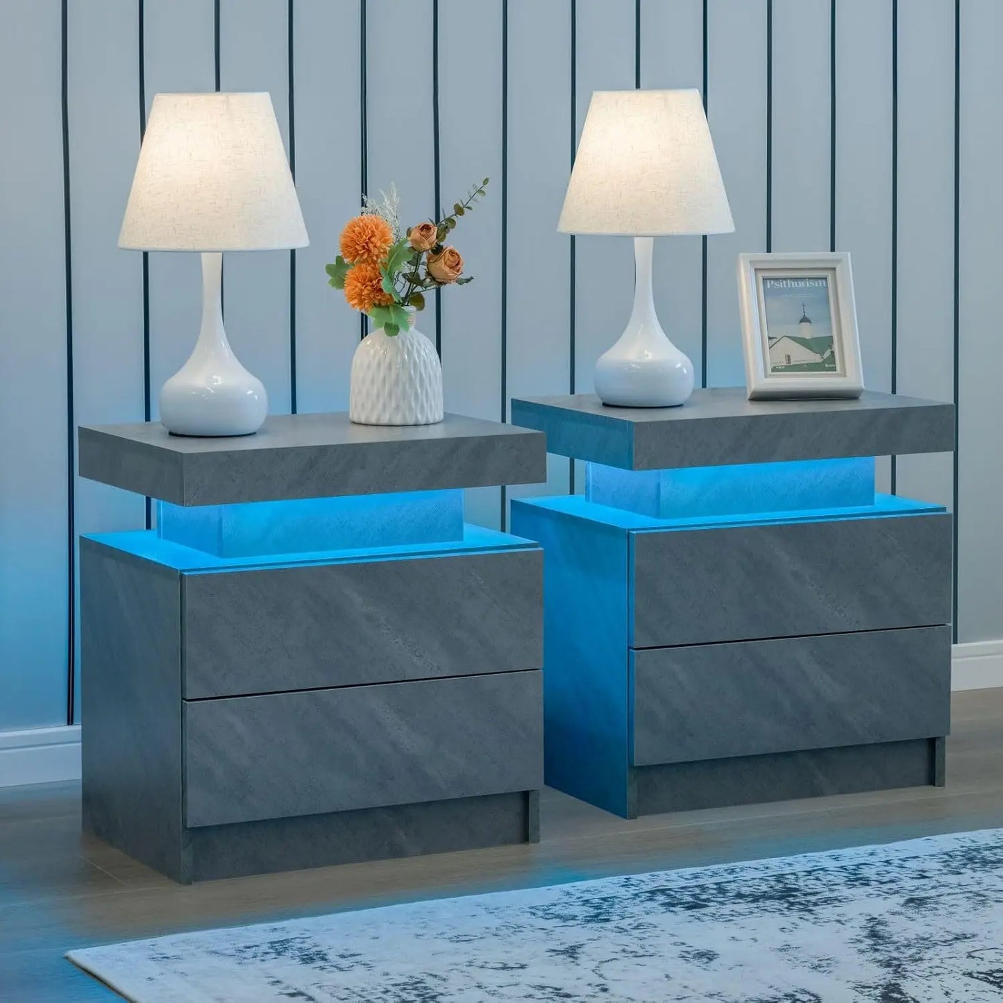 Frame Nightstand Set Of 2 With LED Drawers Bedside Table