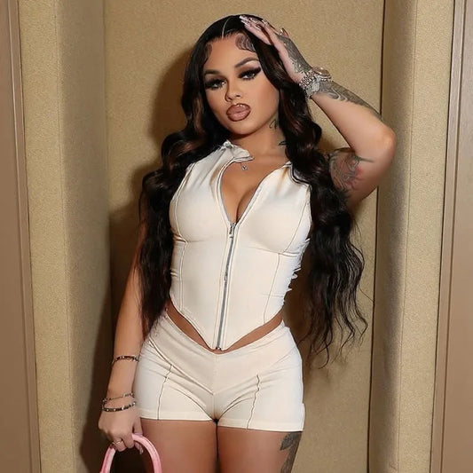 2025 Spring Summer Zip-Up Collar Set - Sleeveless Crop Top & High-Waist Shorts Club outfits for women 2025