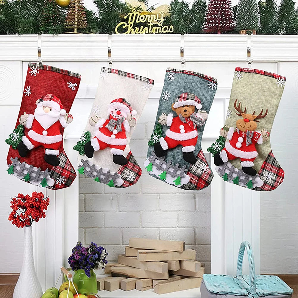 12-4PCS Christmas Stockings Set Large Capacity Surprised Gift Bag Set Santa Claus/Snowman/Bear/Elk for Xmas Tree Fireplace