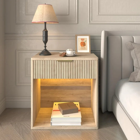 Fluted Nightstand With Charging Station Bedside Table