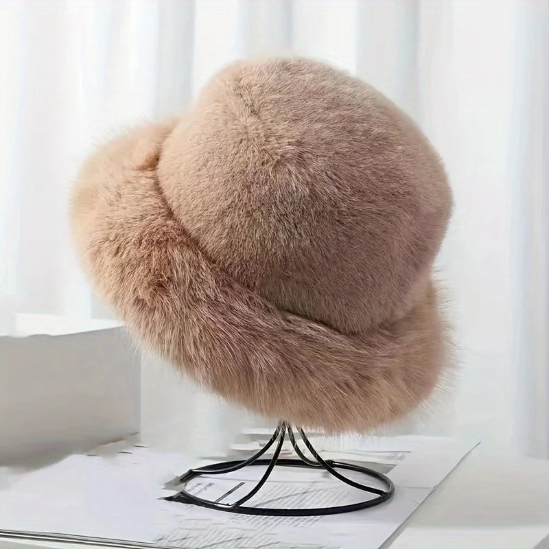 Fashion Faux Fur Big Bucket Hat for Women Russian Cossack Fluffy Winter Wrap Hat Fuzzy Fluffy Bucket Hat Oversized Pink Wine Red
