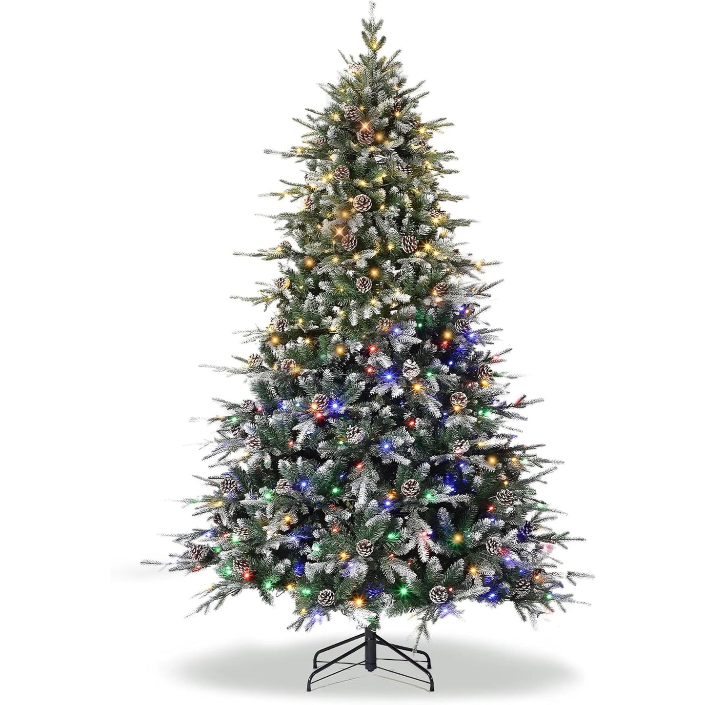6Ft/7.5Ft/9Ft Pre-Lit Snow Flocked Christmas Tree 8-Modes LED Lights Prelit Artificial Tree With Fake Pine Cones For Home Decor