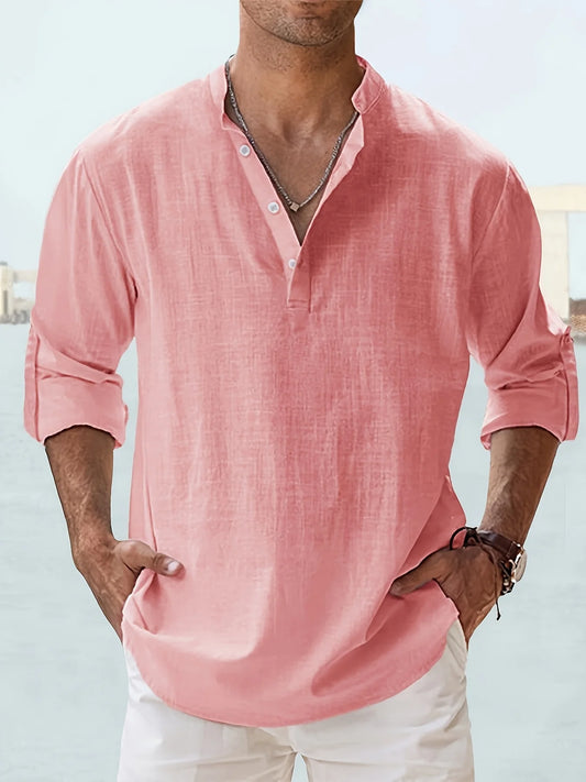 Men's Linen Stand Collar Long Sleeve Shirt Solid Pattern