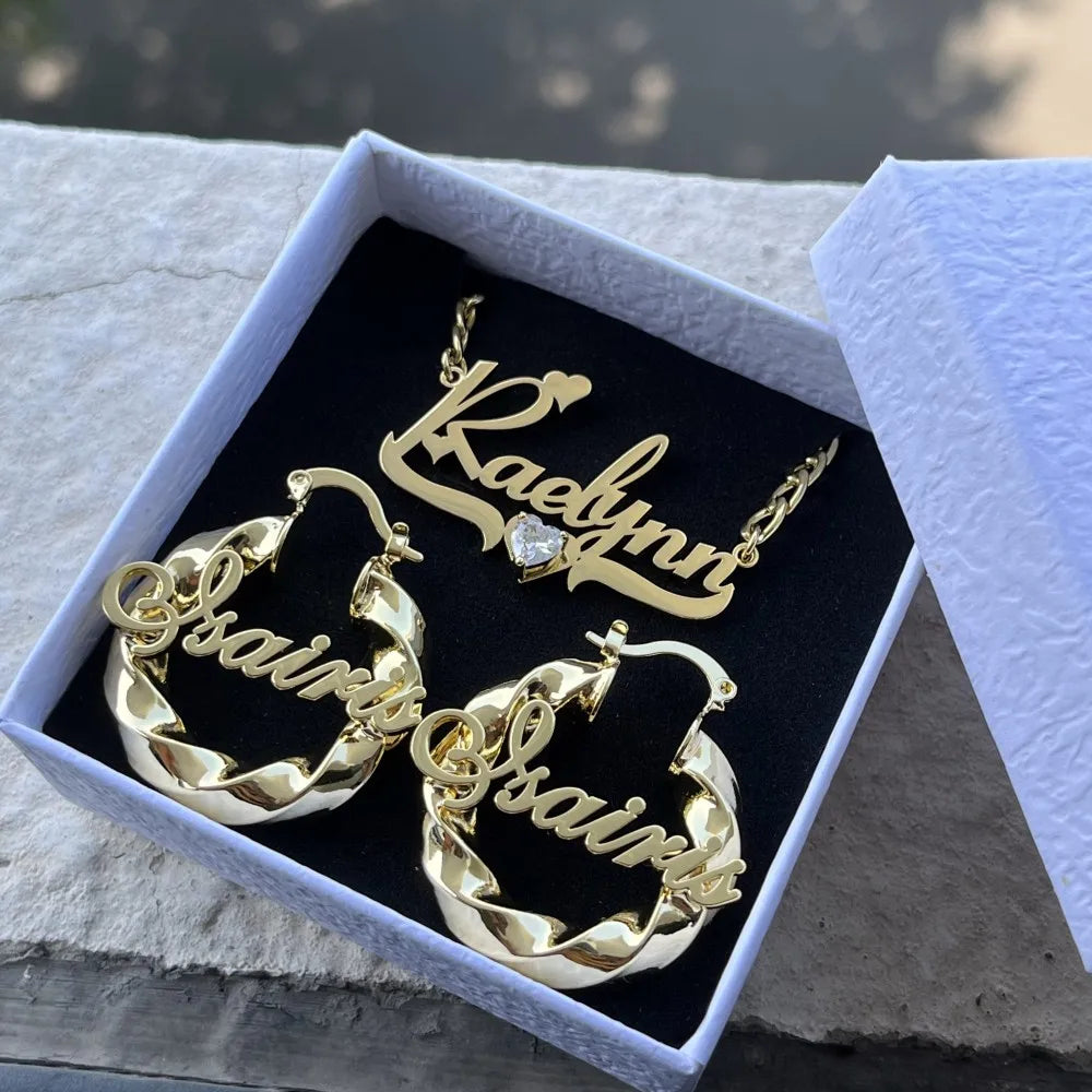 DUOYING Custom Name Hoops Heart Zircon Nameplate Necklace Stainless Steel Jewelry Cute Set For Christmas Gift