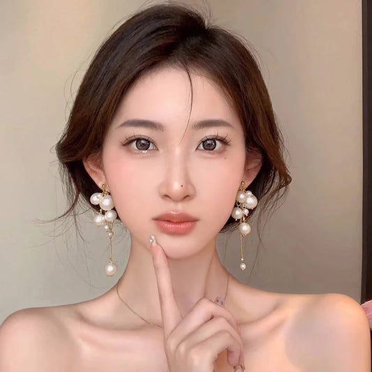 1Pair Elegant Pearl Long Tassels Earrings Fashion Dangle Earring For Women Girls Trendy Shiny Earrings Wedding Jewelry Gifts
