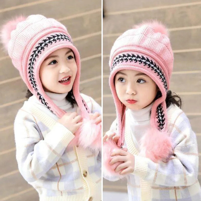 Plush Ball Children Ear Protection Hat Thicken Warm Kids Earmuffs Cap 3-12year Boy Girl Woolen Knitted Beanies Winter Skullcaps