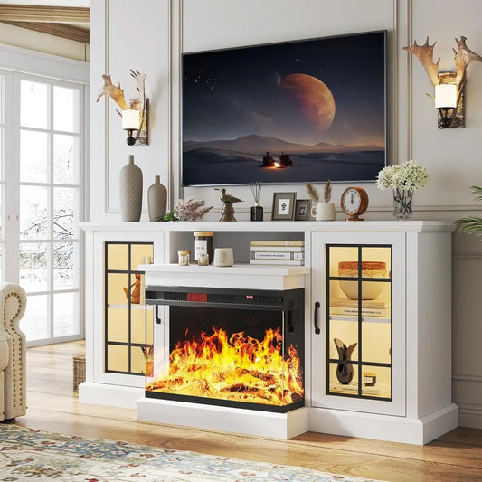 Fireplace TV Stand With Glass Sides And LED Flame Effect
