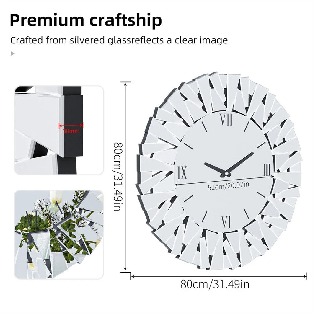 Combination 3D Mirrored Sunburst Wall Clock Roman Numerals