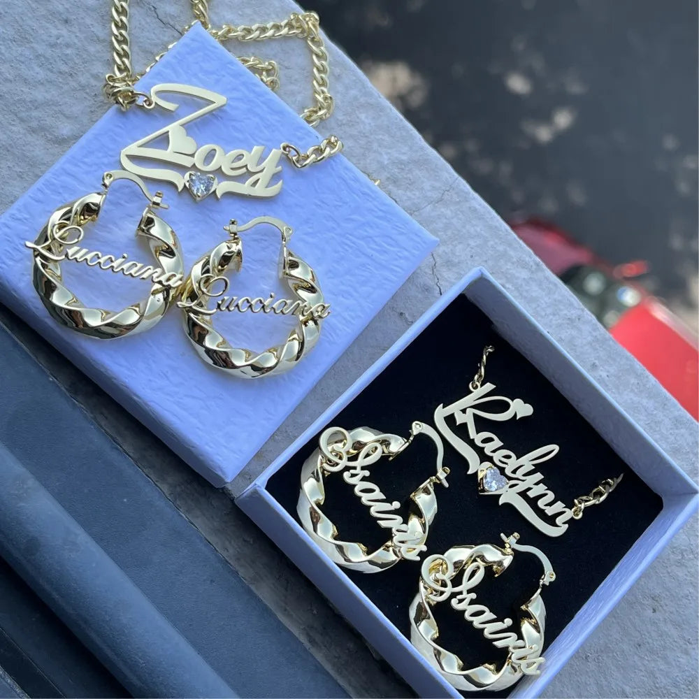 DUOYING Custom Name Hoops Heart Zircon Nameplate Necklace Stainless Steel Jewelry Cute Set For Christmas Gift