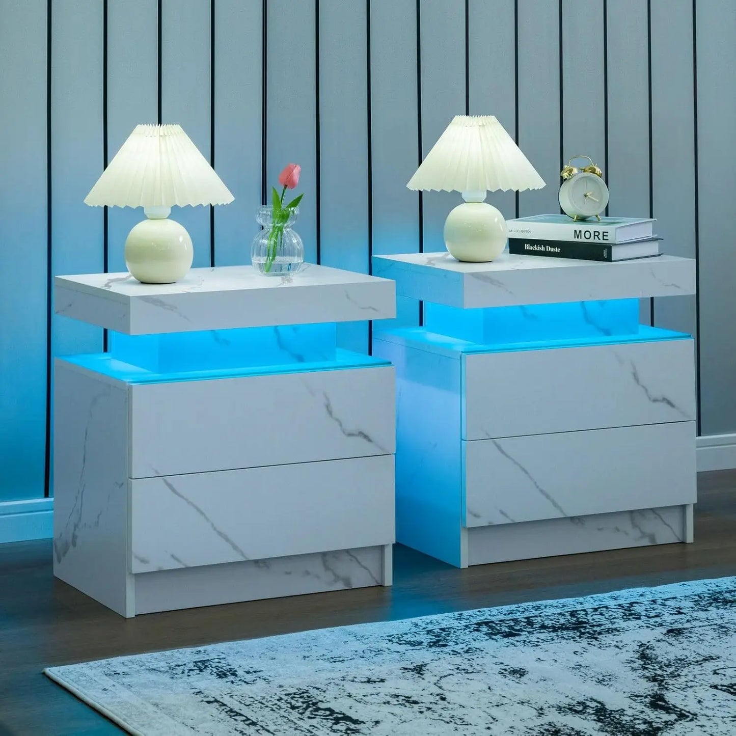 Frame Nightstand Set Of 2 With LED Drawers Bedside Table