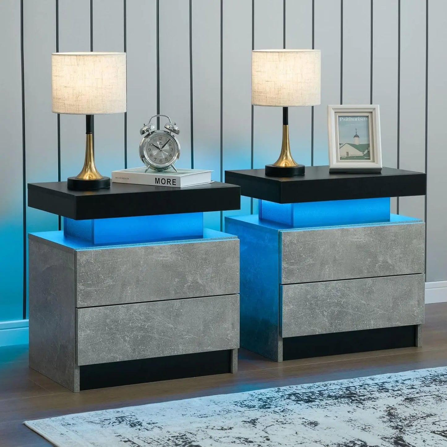 Frame Nightstand Set Of 2 With LED Drawers Bedside Table