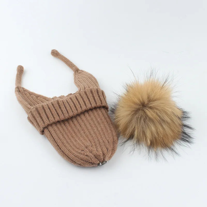 Winter Baby Knitted Hat Pompom Real Fur Ball Wool Baby Bonnet Hat for Girls Boys Infant Beanie Kids Cap Toddler Accessories 1-6Y