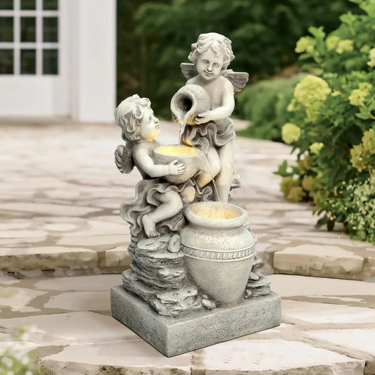 LuxenHome Outdoor Water Fountain Angels LED Garden Light