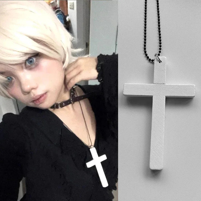 Gothic Y2K HandcraftedArtisanal Distressed Wood Cross Pendant Necklace For Unisex