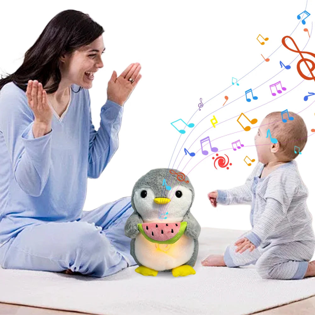 Cute Penguin Stuffed Animal Baby Sound Machine with Music Lights Rhythmic Breathing Motion Comfort Doll Xmas Gifts for Newborns