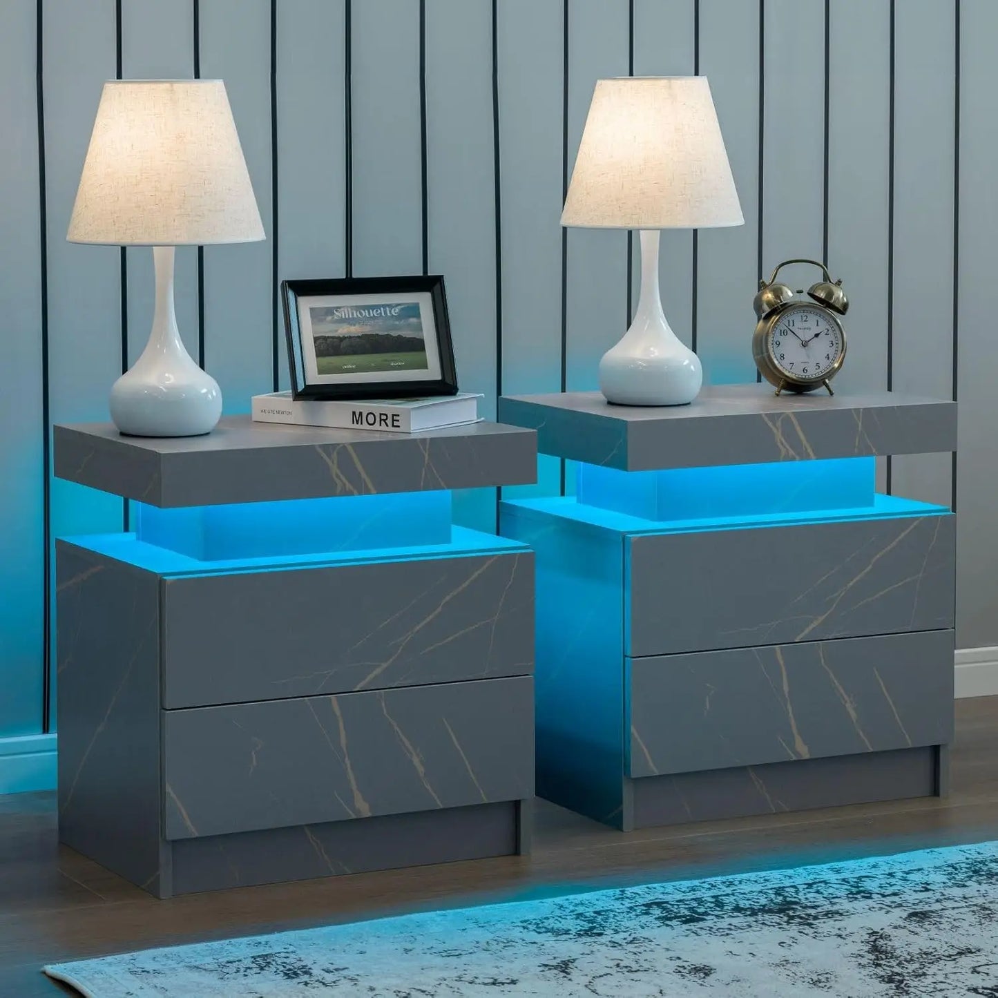 Frame Nightstand Set Of 2 With LED Drawers Bedside Table