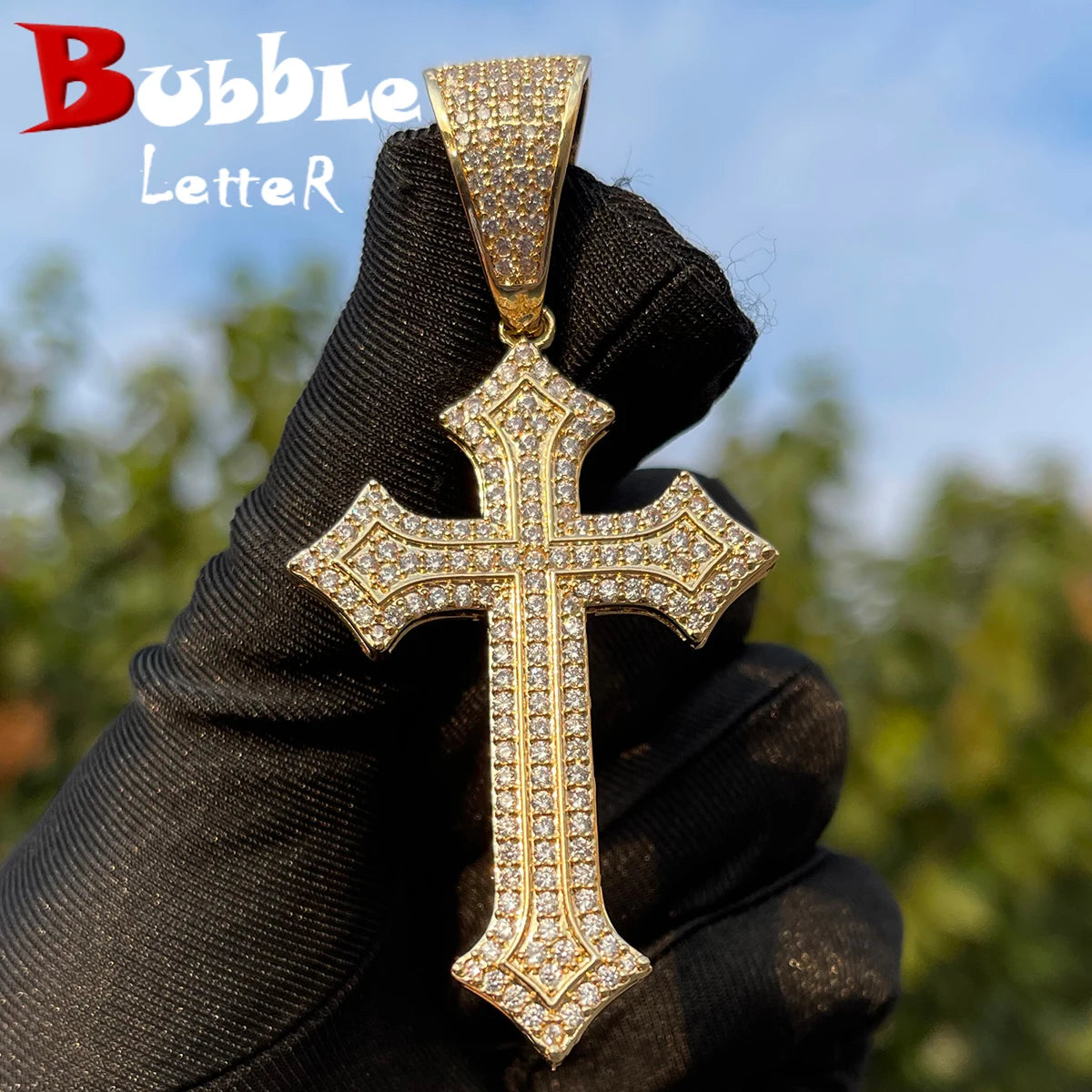 Bubble Letter Extravagant IceDiamondEncrusted CrossPendant NecklaceMen GoldPlatedCubicZirconia