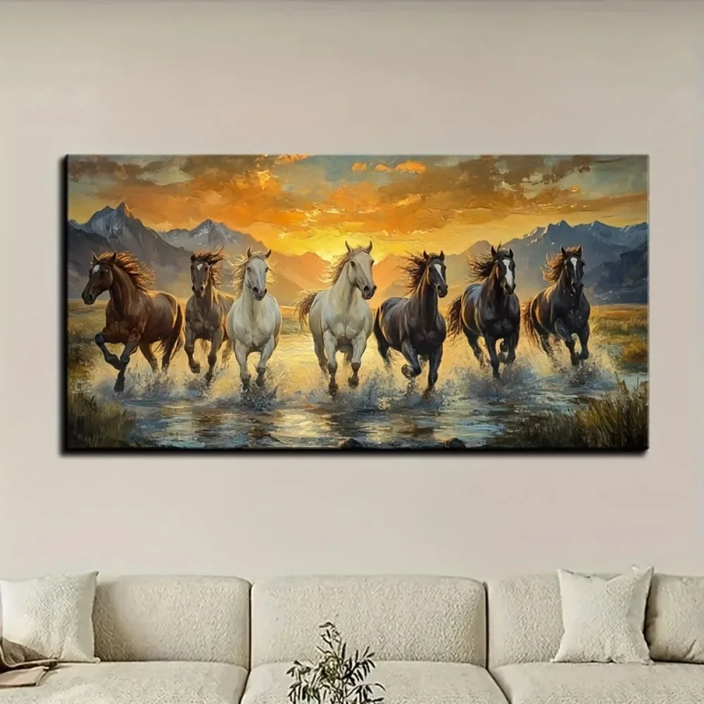 Cheervilla Seven Horse Feng Shui Canvas Wall Art Pine Frame