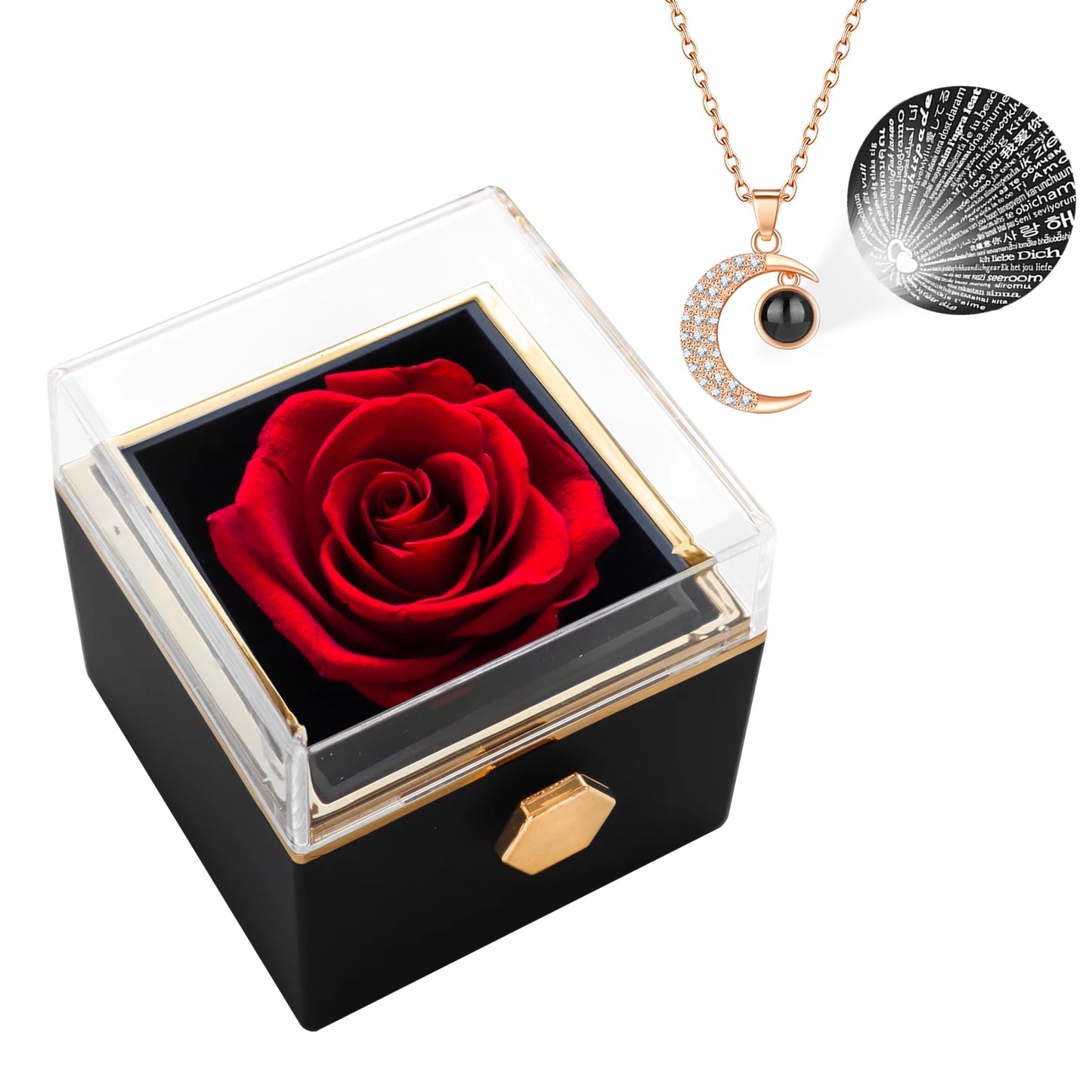 Rotating Eternal Flower Jewelry Box with "I Love You" necklace Set in 100 languages Birthday Valentine's Day Mother's Day Gift