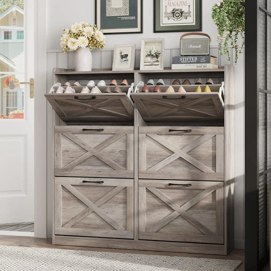 Vabches Shoe Cabinet With Flip Drawers And Metal Handles