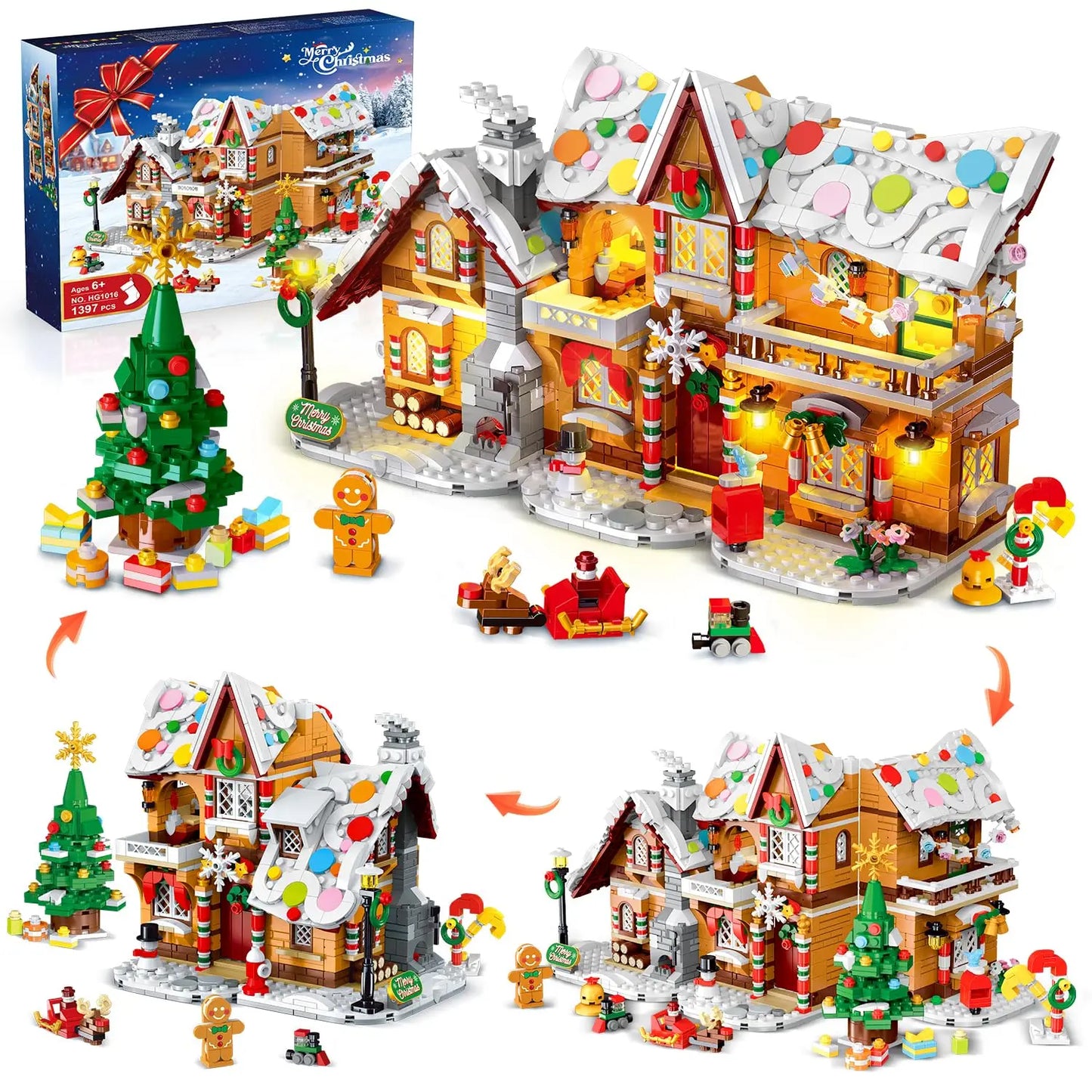2025 Christmas Gingerbread House Building Toy with LED Light-3 Style Modes Block with Santa Xmas Tree Train for Adults Kids8+