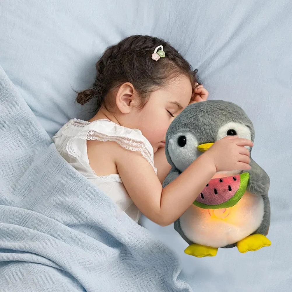 Cute Penguin Stuffed Animal Baby Sound Machine with Music Lights Rhythmic Breathing Motion Comfort Doll Xmas Gifts for Newborns