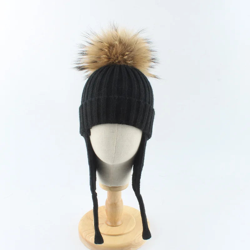 Winter Baby Knitted Hat Pompom Real Fur Ball Wool Baby Bonnet Hat for Girls Boys Infant Beanie Kids Cap Toddler Accessories 1-6Y