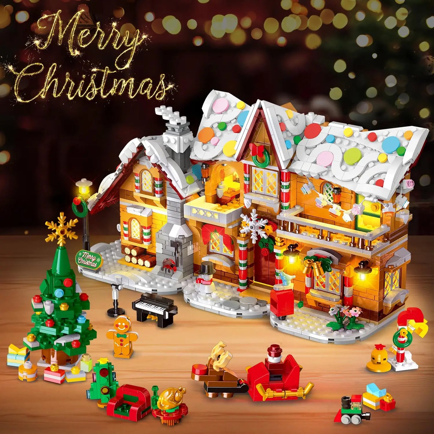 2025 Christmas Gingerbread House Building Toy with LED Light-3 Style Modes Block with Santa Xmas Tree Train for Adults Kids8+