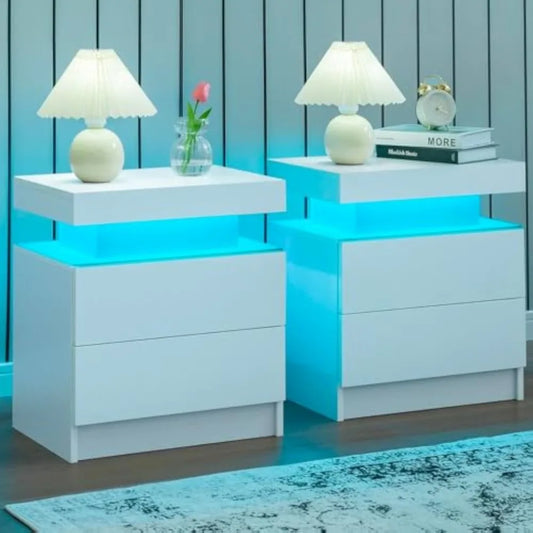 Frame Nightstand Set Of 2 With LED Drawers Bedside Table