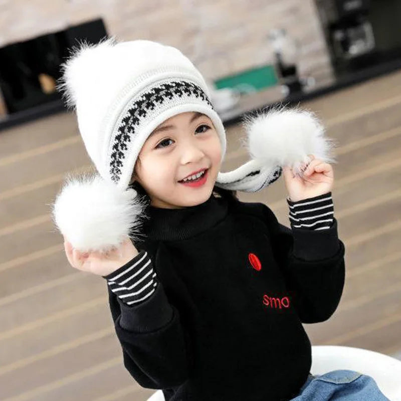 Plush Ball Children Ear Protection Hat Thicken Warm Kids Earmuffs Cap 3-12year Boy Girl Woolen Knitted Beanies Winter Skullcaps