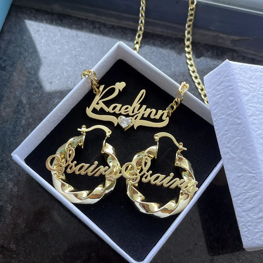 DUOYING Custom Name Hoops Heart Zircon Nameplate Necklace Stainless Steel Jewelry Cute Set For Christmas Gift