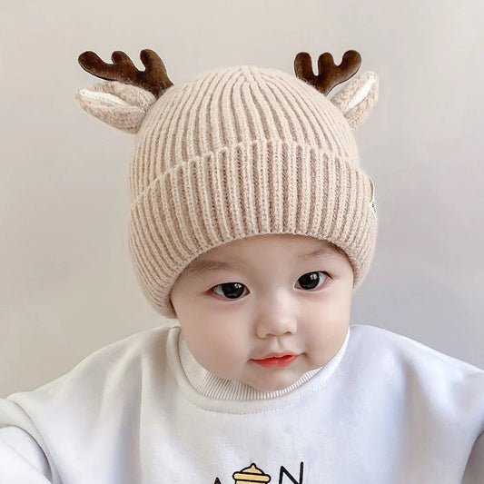 Baby Toddler Autumn Winter Warm Knitted Hat Cartoon Deer Elk Antlers Solid Color Beanie for Boys Girls
