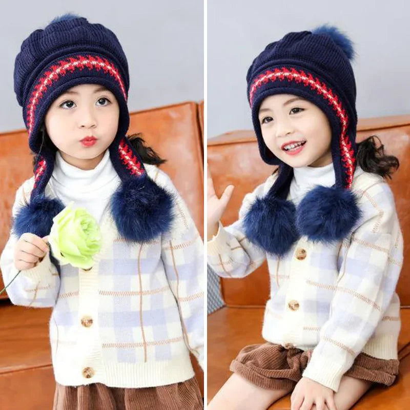 Plush Ball Children Ear Protection Hat Thicken Warm Kids Earmuffs Cap 3-12year Boy Girl Woolen Knitted Beanies Winter Skullcaps